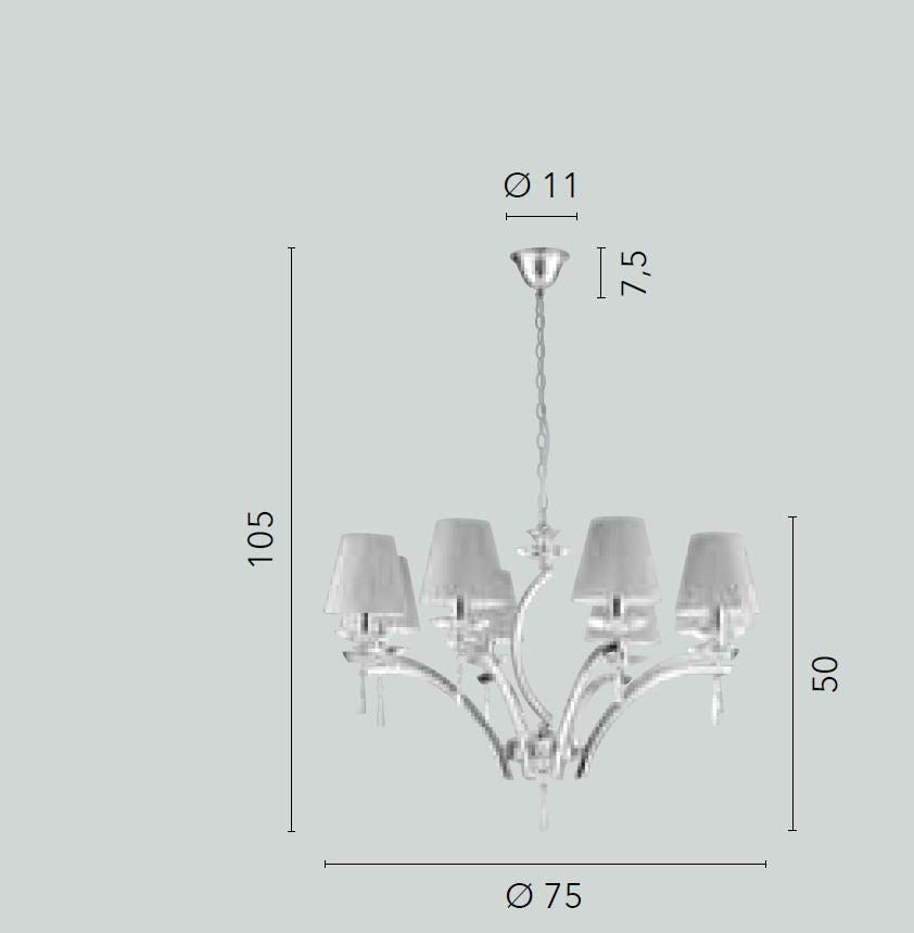 Sospensione 8 luci in metallo cromato cristalli K9 paralumi tessuto silver 8XE14 non incl. ORCHESTRA Sospensione 8 luci in metallo cromato cristalli K9 paralumi tessuto silver 8XE14 non incl. ORCHESTRA
